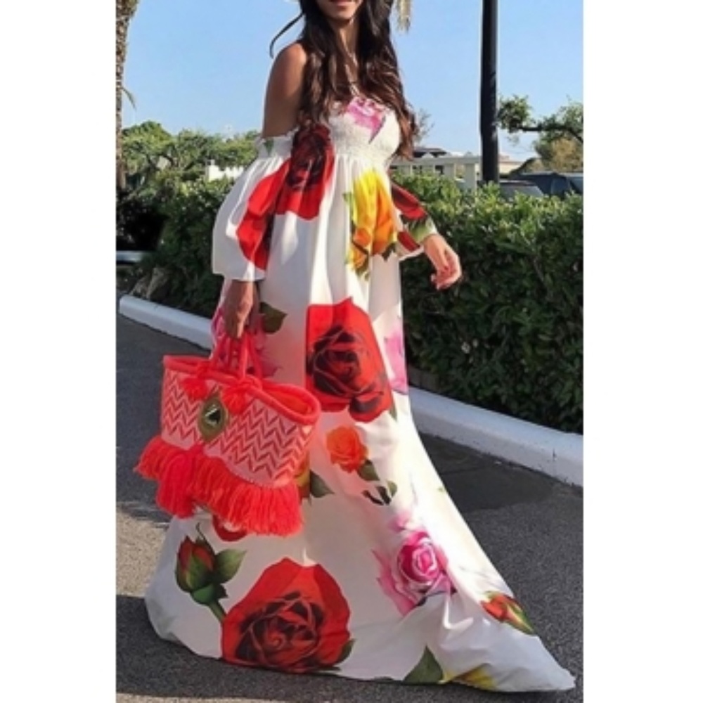 Bohemian Dew Shoulder White Floor Length Dress